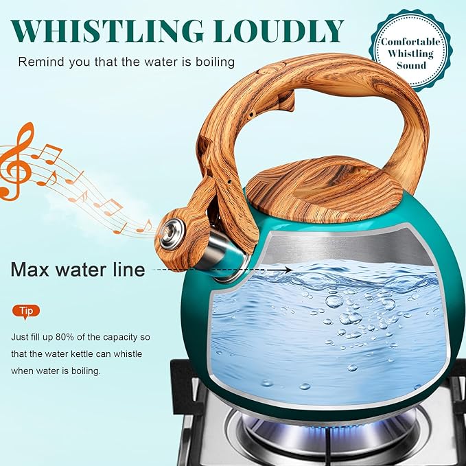 GGC Tea Kettle for Stove Top, 3.1QT/3L Whistling Tea Kettles for Boiling Water Coffee or Milk, Gradient Green Tea Pot with Wood Parttern Handle, Stainless Steel Tea Pot for Home and Kitchen