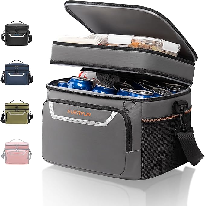 EVERFUN Small Cooler Lunch Box Mini Leak-Proof Soft Double Deck 24 Can Personal Insulated Collapsible Portable Waterproof Lunch Bag Ice Chest for Men Women Work Travel Car Picnic Beach