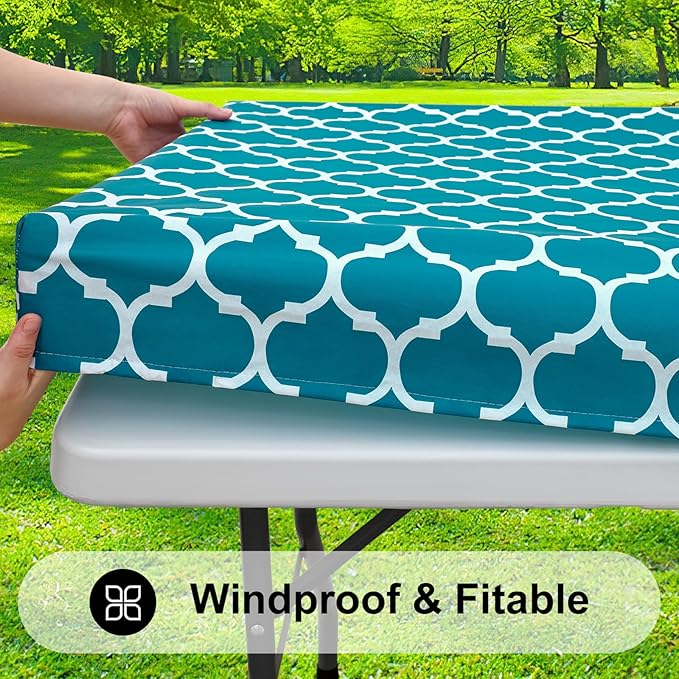 Smiry Rectangle Picnic Table Cover, Waterproof Elastic Fitted Camping Tablecloths for 5 Foot Tables, Wipeable Flannel Backed Vinyl Tablecloth Protector for Indoor, Outdoor (Turquoise, 30x60 Inches)