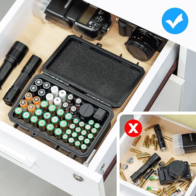 KIWIFOTOS 58 Slots AA AAA CR2032 Battery Case Holder with Tester, IP67 Waterproof Outdoor Batteries Storage Organizer Container with 3V CR2032 Button Battery Holder