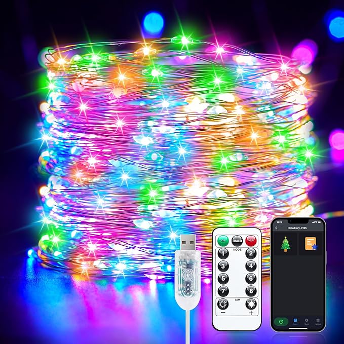 Smart Fairy Lights Plug in, 33FT 100LEDs USB Bluetooth Twinkle Lights with Timer and Remote, App Control Starry String Lights 8 Modes for Wreath Wedding Party Indoor Christmas Decoration, Multicolor