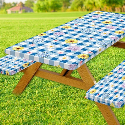 DYNH 3 Pcs Picnic Table Cover with Bench Covers, Waterproof Reusable Elastic Fitted Tablecloths for 6 Ft Rectangle Tables, Washable Floral Plaid Tablecloth for Camping,Outdoor Essentials,30X72IN
