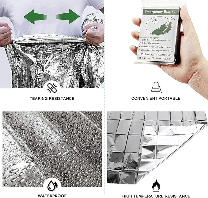 Emergency Foil Blanket, Survival Thermal Mylar Blankets Individually Packaged Perfect for Outdoors, Hiking, Survival, Marathons or First Aid (Silver (6 Pack))