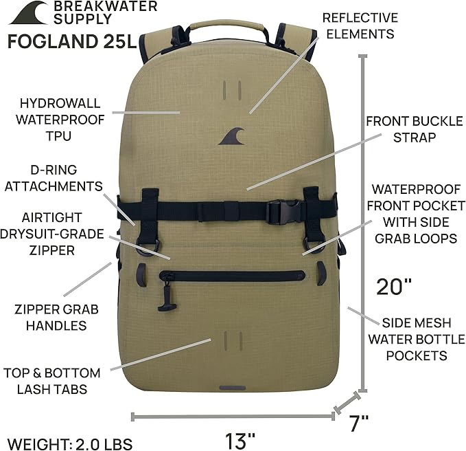 Breakwater Supply™ Waterproof IP68 Submersible Backpack with Airtight Zippers | Laptop Travel Outdoors | Fogland 25L 20L 15L