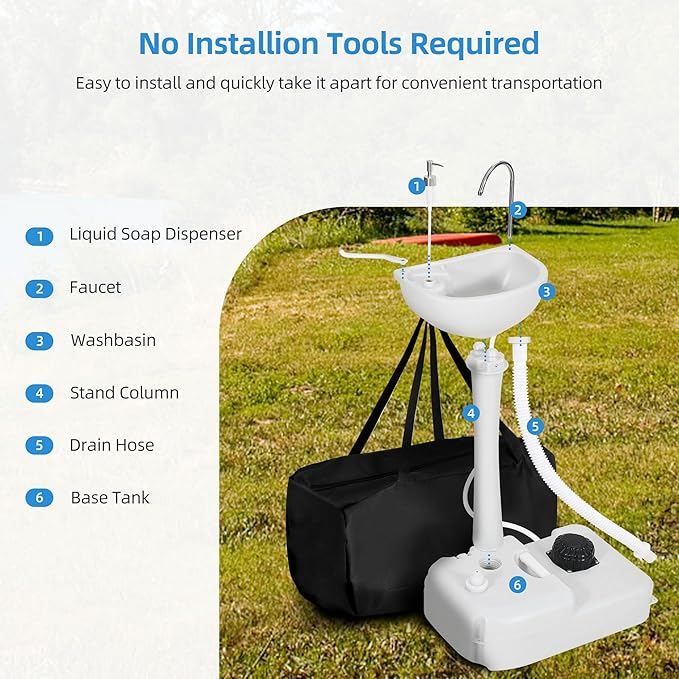 YITAHOME Portable Sink Camping Hand Washing Station with 17 L Wash Basin Stand and Carry Bag, Rolling Wheels, Soap Dispenser, Towel Holder, for Outdoor, Travel, Boat, Gather, Garden, Worksite