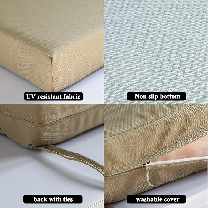 Patio Chair Cushions Set of 2 Non Slip Bottom Chair Pad with Ties Waterproof Square Outdoor Seat Cushion Replacement for Garden Swing Furniture 20x20 Inch, Light Khaki