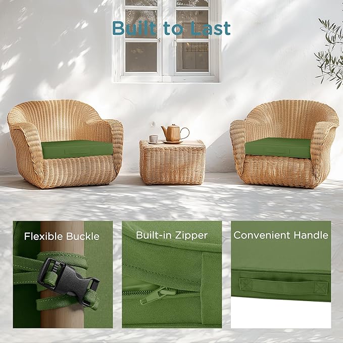 Codi Patio Chair Cushions 19x19 Inch, Waterproof Seat Cushion for Outdoor Furniture with Handles & Adjustable Straps, Fade Resistant - Set of 2, Green