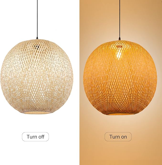 Arturesthome Natural Bamboo Pendant Lamp, Round Hanging Ceiling Light Wicker Chandelier, Hand-Woven Boho Basket Lampshade for Kitchen Island Living Room