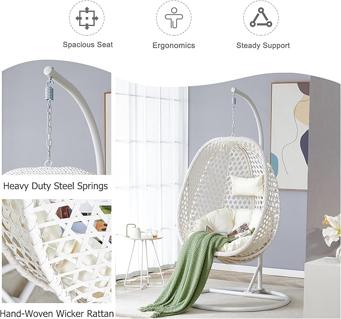 JUFU Egg Swing Chair with Stand，Patio Hanging Basket Chair Outdoor，Hammock Chair with Cushions and Pillow,Hanging Egg Chair with Aluminum Steel Frame for Indoor Bedroom Balcony