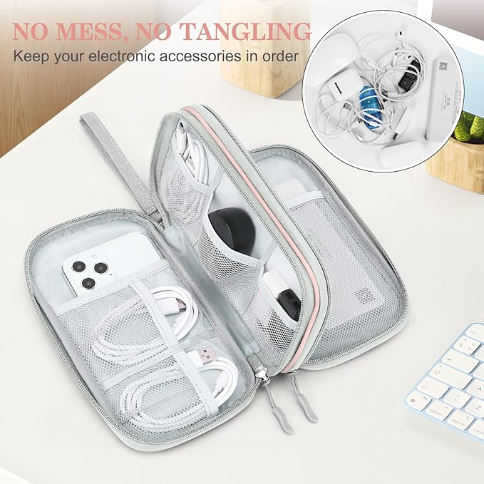 FYY Electronic Organizer, Travel Cable Organizer Bag Pouch Electronic Accessories Carry Case Portable Waterproof Double Layers Storage Bag for Cable, Cord, Phone, Earphone, Large Size, Light Pink