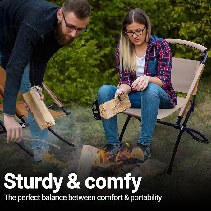 Folding Chair Double-Side Seat, Camping Chair Usable On Both Sides, One Chair Two Heights, Carbon Steel Portable Foldable with Cup Holder for Camp Beach Picnic Patio Sports Brown Beige
