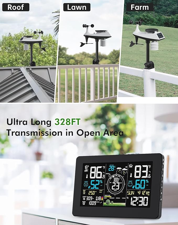 WiFi Weather Station Wireless Indoor Outdoor, Thermometer with Rain Gauge and Wind Speed/Direction, Large Display for Weather Forecast, Temperature, Humidity, Clock, Alarm, UV, Air Pressure
