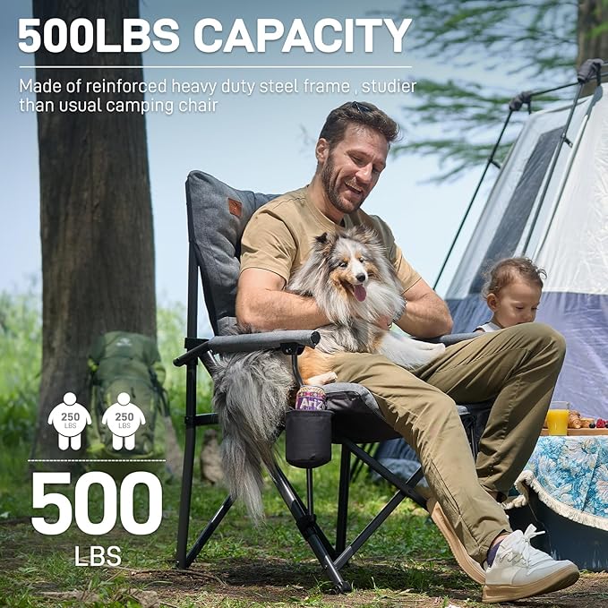 EVER ADVANCED Oversized Folding Camping Chair for Adults, Heavy Duty Lawn Chair with Side Pockets, Portable Collapsible Quad Chair for Outside, Support Up to 500lbs