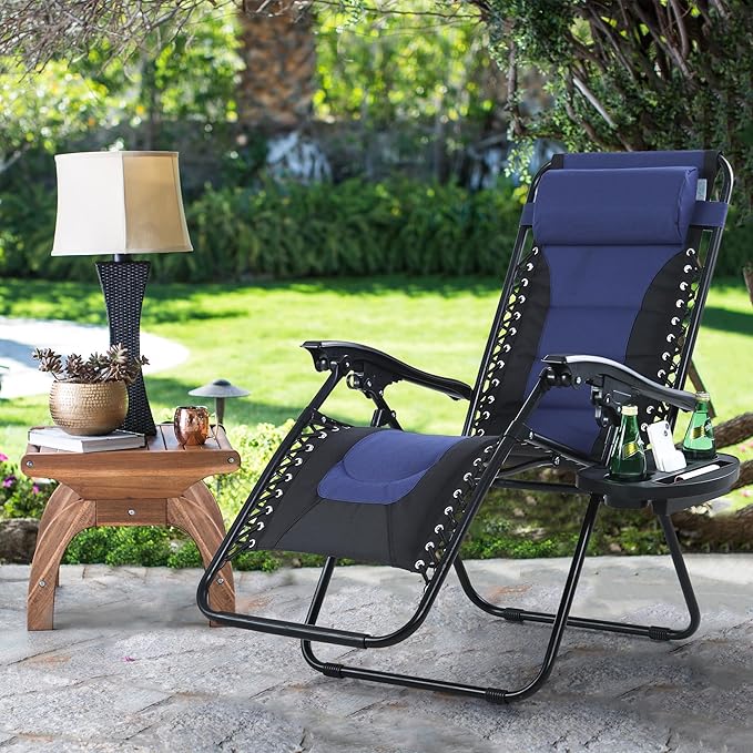 MAISON ARTS Padded Zero Gravity Lawn Chairs Set of 2 Foldable Patio Recliners Anti Gravity Lounge Chairs w/Pillow & Cup Holder Outdoor Camp Chairs for Poolside Backyard Beach, Blue