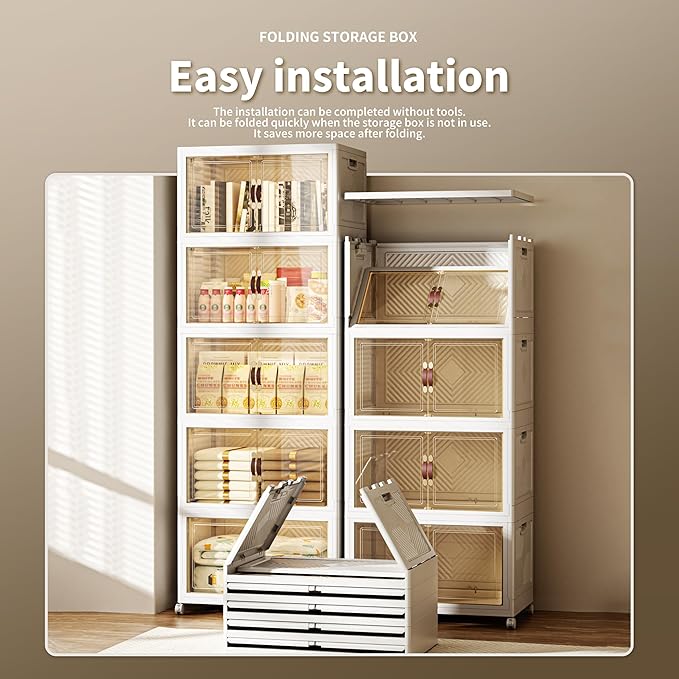 660 QT / 165 Gal Collapsible Storage Bins with Wheels & Magnetic Doors - Stackable Plastic Cabinet Organizer for Home, Garage, Closet (White Space-Saving Containers)