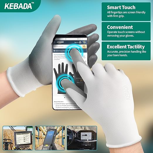 Kebada W1 Work Gloves for Men and Women, 12 Pairs Touchscreen Safety Gloves with Grip, PU-Coated, Ideal for Light & Medium Duty Tasks, White, X-Large