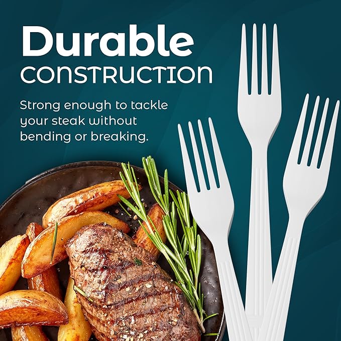 500 Count – Heavyweight Disposable White Plastic Forks | Big Party Pack Forks | Plastic Salad Forks |Great for Celebrations, Parties, Travels, Events, and Everyday Use
