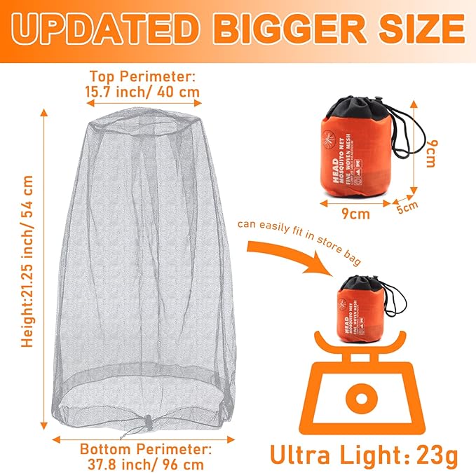 Benvo Mosquito Head Net Mesh, Face Neck Fly Netting Hood from Bugs Gnats Noseeums Screen Net for Any Outdoor Lover- with Carry Bags Fits Most Sizes of Hats Caps (2pcs, Grey, Updated Big Net)
