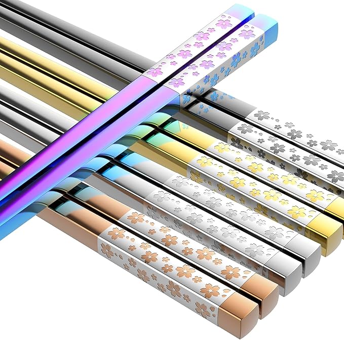 Metal Chopsticks Reusable 5 Pairs Multicolor Stainless Steel Chopsticks Dishwasher Safe Square Lightweight Non-Slip Chop Sticks Present Set