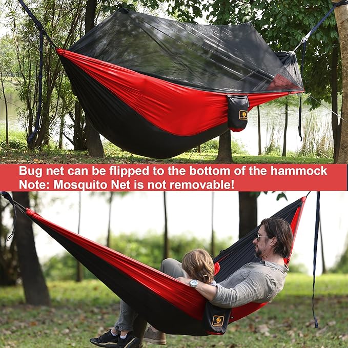 Camping Hammock with Net,Travel Portable Lightweight Hammocks with Tree Straps and Solid D-Shape Carabiners,Parachute Nylon Hammock for Outsides Backpacking Beach Backyard Patio Hiking