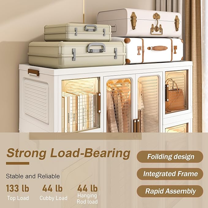 Portable Wardrobe Closet Storage Organizer for Clothes, Plastic Collapsible Closet Organizer with Magnetic Transparent Door, for Living Room Bedroom,Easy Assemble,8 Cubes & 2 Hanging Rod