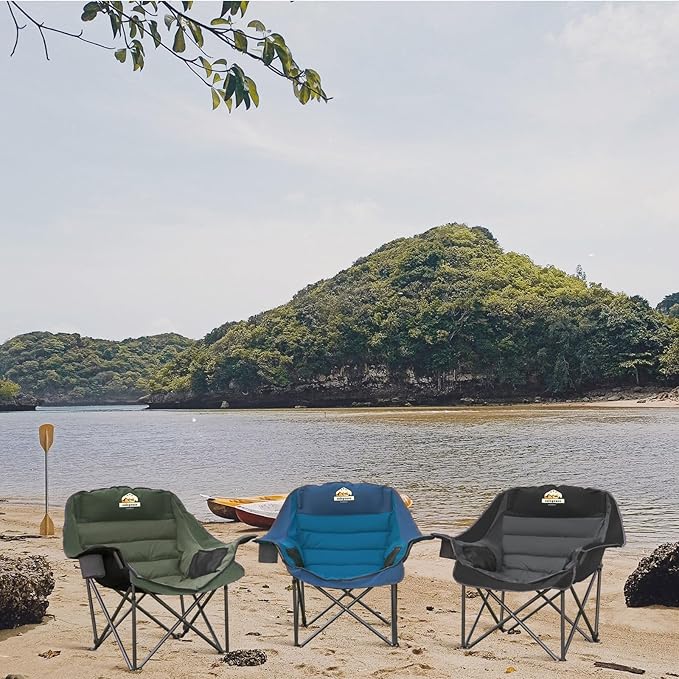 Oversized XL Padded Camping Chair Wide Heavy Duty Lawn Chairs Support 450 LBS Portable Folding Gaint Plus Camp Chair with Side Pocket Cup Holder for Outdoor Outside Sports Baseball-Green