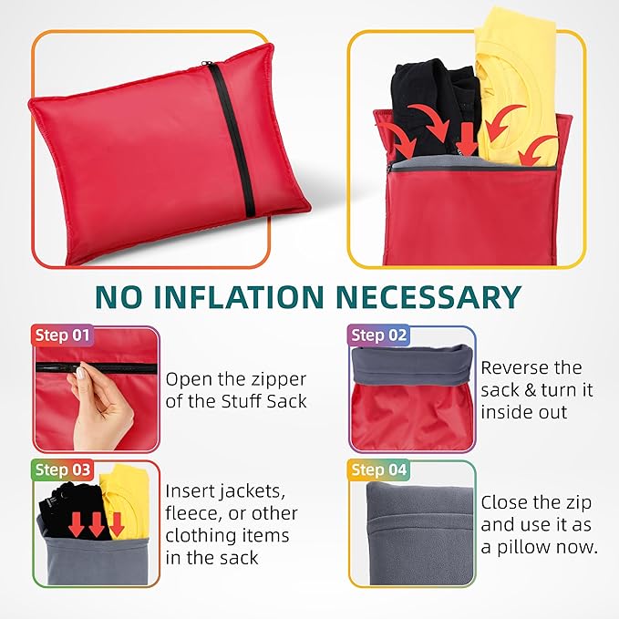 Stuffable Camping Pillow Case Stuff Sack (Large, Red, 2-Pack) - 12 x 17 - for Hiking, Backpacking and Travel Bring Your Own Stuffing