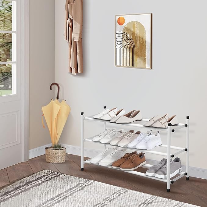 STORAGE MANIAC Expandable Shoe Rack, 12 Pairs Stackable Small Shoe Rack, Metal Adjustable Shoes Organizer for Closet, Entryway, Hallway, Garage, Front Door, Shoes Shelves, White 3 Tier