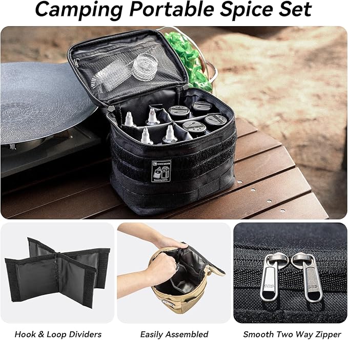HIKEMAN Camping Portable Spice Set with 9 Spice Containers Pepper & Salt Spice Shakers, Separable Storage Bag for Outdoor Travel Camping BBQ Picnic (Khaki)