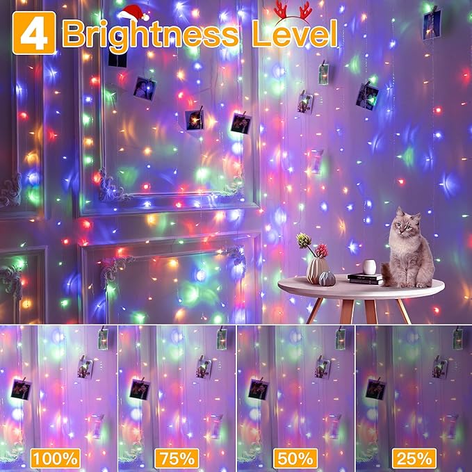 Ollny Curtain Lights 200LED 6.6x6.6ft, USB Multicolor Christmas Curtain Lights with Remote 8 Modes Timer, Waterproof String Lights for Bedroom Backdrop Window Indoor Outdoor