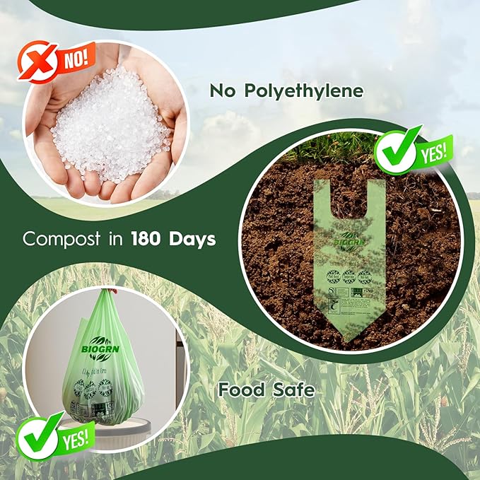 2.6-3 Gallon Compostable Trash Bags with Handles 80 Count 0.67 Mil 11.36 L Small Kitchen Food Scrap Waste Compost Bag ASTM D6400 US BPI and OK Compost Home Certified