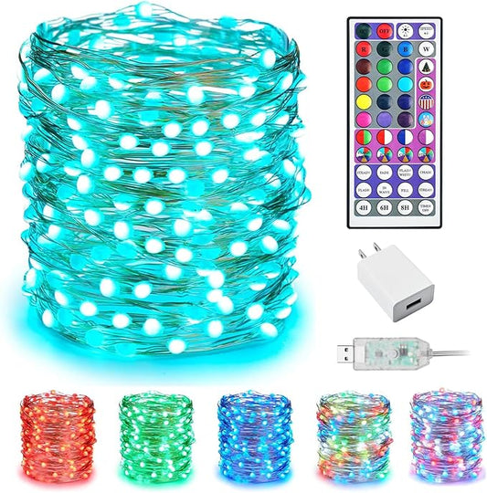 Minetom Upgraded Color Changing Fairy String Lights - 66 ft 200 LED 24 Colors USB Silver Wire Lights with Remote and Timer for DIY Bedroom Party Indoor Christmas Decoration, Adapter Included