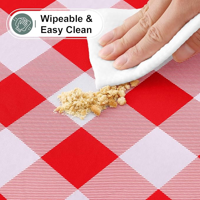 misaya Buffalo Rectangle Picnic Tablecloth, 8 Foot Elastic Fitted Vinyl Table Cloth with Flannel Backing, Waterproof Plaid Table Covers for Dining, Camping, Outdoor (Red and White, 30" x 96")
