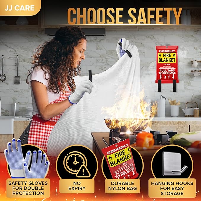 JJ CARE Fire Blanket – 7 Packs with Hooks and Gloves – 40” x 40” Fire Blankets Emergency for Home and Kitchen, High Heat Resistant and Flame Protection for Kitchen, Car, Office, Camping & Home Safety