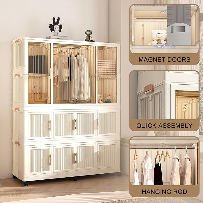 Portable Wardrobe Closet Storage Organizer, Plastic Collapsible Closet Organizer with Transparent Magnetic Door, for Bedroom Living Room,Easy Assemble,12 Cubes & 1 Hanging Rod