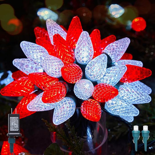 C9 LED Christmas Lights Outdoor, 81 Feet 100 LED String Lights with Timer & 8 Light Mode, Waterproof Commercial Grade Christmas Tree Lights for Outside Indoor Roofline Patio Decor, Red & Pure White