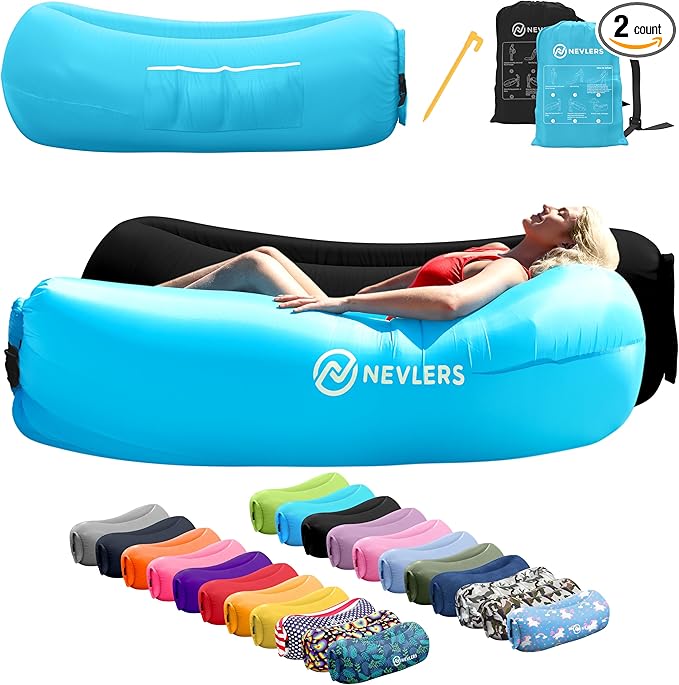 Nevlers 2 Pack Inflatable Loungers Air Sofa Couch | Perfect for Beach Chair Camping Chairs or Portable Hammock |Travel Bag Pouch, Pegs & 3 Pockets| Movie Seating & Camping Accessories Blow Up Lounger