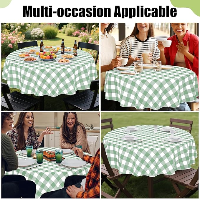 Smiry Round Plastic Table Cloth, Waterproof Vinyl Tablecloth with Flannel Backing, Wipeable Buffalo Plaid Table Cover for Dining, Indoor and Outdoor (Sage Green & White, 60" Round)
