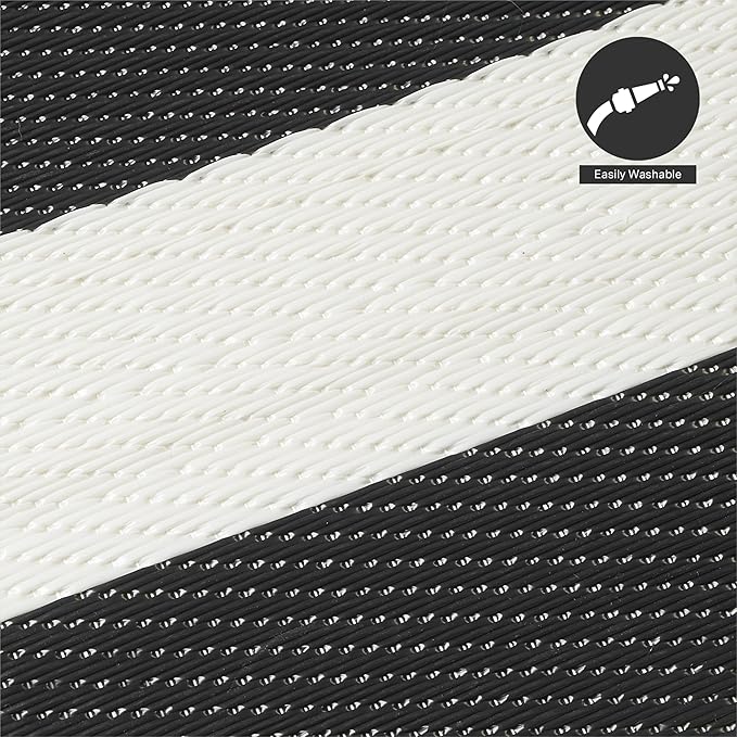 FH Home Outdoor Camping Rug - Waterproof, Fade Resistant, Reversible - Premium Recycled Plastic - Striped - Large Patio, Deck, Sunroom, RV - Brittany Stripe - Black & White - 9 x 18 ft Foldable