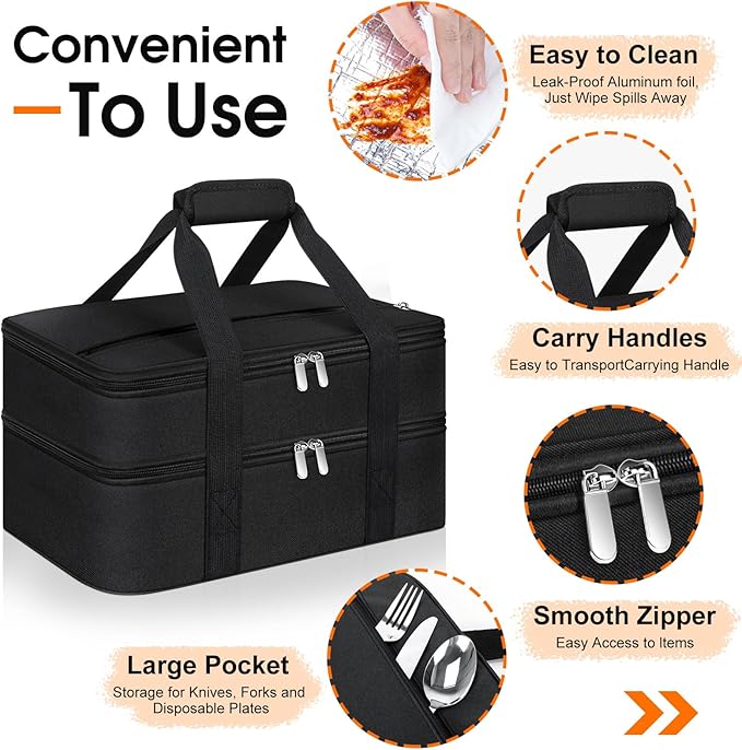 Double Insulated Casserole Carrier, Portable Casserole Carrier for Hot or Cold Food Lunch Tote Warmer or Cooler Bag, Lasagna Lunch Bag for Potluck Parties- Fits 9" x 13" Baking Dish-Black