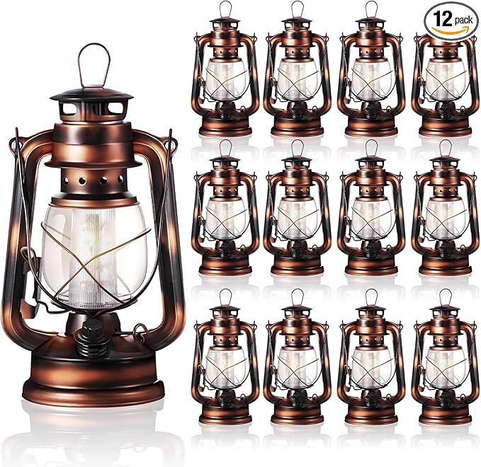 Hortsun 12 Pieces 8 Inch Vintage LED Hurricane Lantern 12 Warm LEDs and Dimmer Switch Battery Operated Farmers Hanging Lantern for Indoor Outdoor Camping Usage Decor