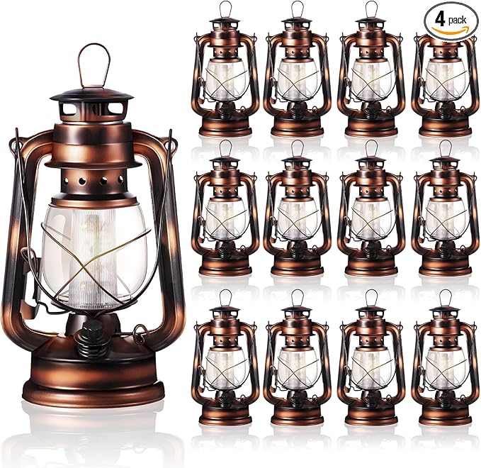 Hortsun 4 Pieces 8 Inch Vintage LED Hurricane Lantern 12 Warm LEDs and Dimmer Switch Battery Operated Farmers Hanging Lantern for Indoor Outdoor Camping Usage Decor