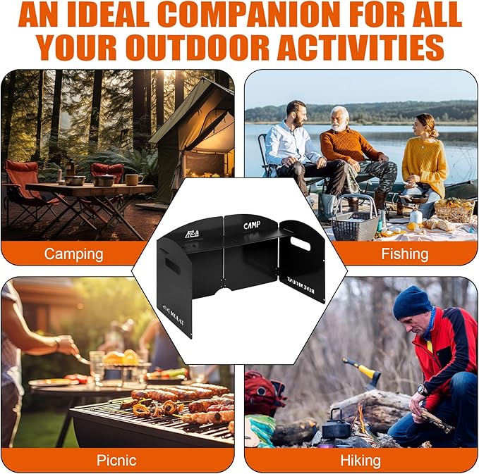 Black Camping Stove Windscreen 4 Plates Steel Camp Stove Windscreen Folding Outdoor Picnic Cooker Stove Wind Screen Windshield with Drawstring Bag for Camping, Hiking, Picnic, Backpacking, Cooking