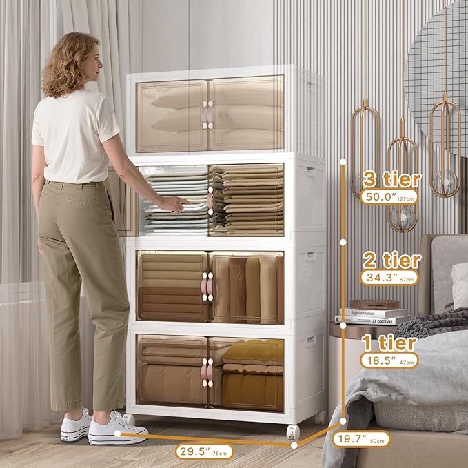 Extra Large Stackable Storage Binswith lids & Wheels, Foldable Collapsible Closet Organizers,504QT-168QT/42GAL*3Pack Plastic Containers with door & drawers for bedroom Dorm