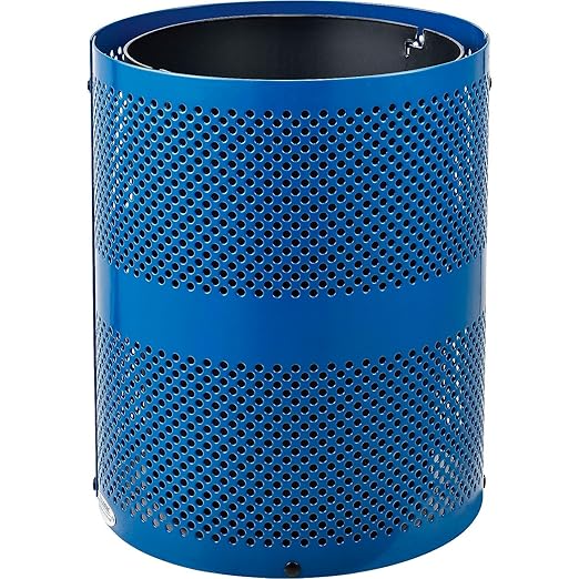 Global Industrial 32 Gallon Outdoor Perforated Steel Round Trash Can with Rain Bonnet Lid, Plastic Liner and Anchor Kit Included, 23-1/2" Diameter x 40-1/2"H, Blue