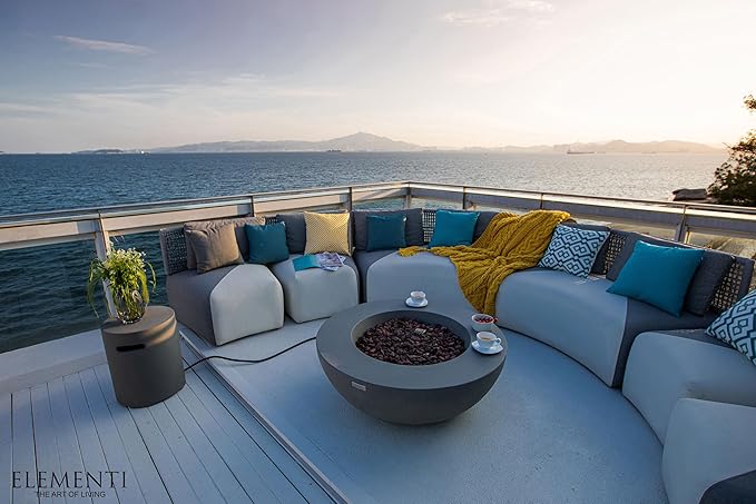 Elementi | Bundle Lunar Gas Fire Pit Cast Concrete 42" Round Fire Table, Outdoor Fire Pit Electronic Ignition | Canvas Cover, Lava Rock Included | Light Gray (Natural Gas)