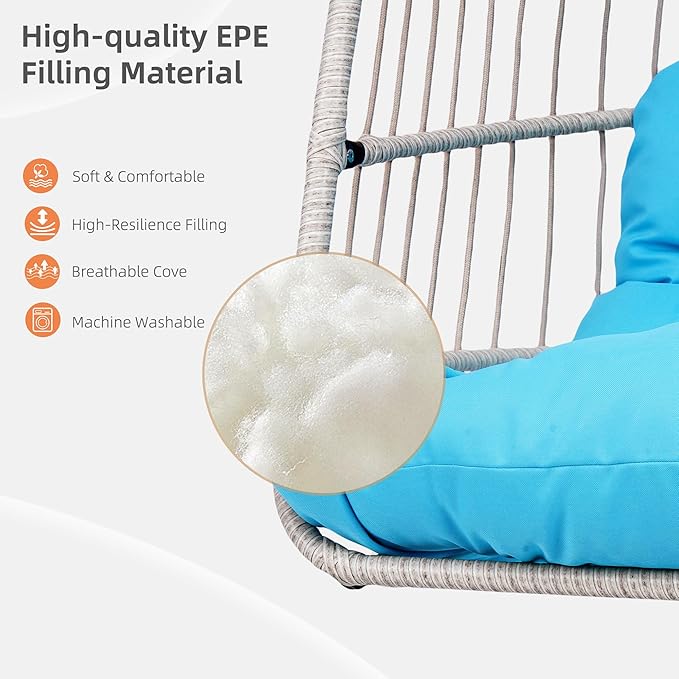 Foldable Hanging Egg Chair with Stand, HDPE Rattan and Heavy Duty Aluminum-Steel Frame, Outdoor Patio Wicker Swing Egg Chair with Headrest and Cushioned, 350 Lbs Capacity (Blue)