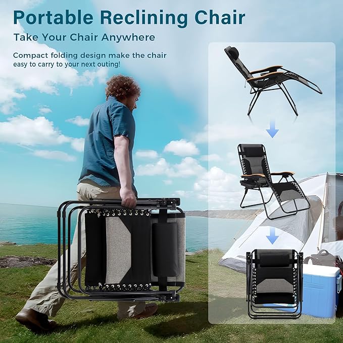 MFSTUDIO Zero Gravity Chairs Set of 2, XL Oversized Outdoor Anti Gravity Chair, Patio Lounge Folding Adjustable Chair with Cup Holder & Padded Headrest, Support 400lbs,Black