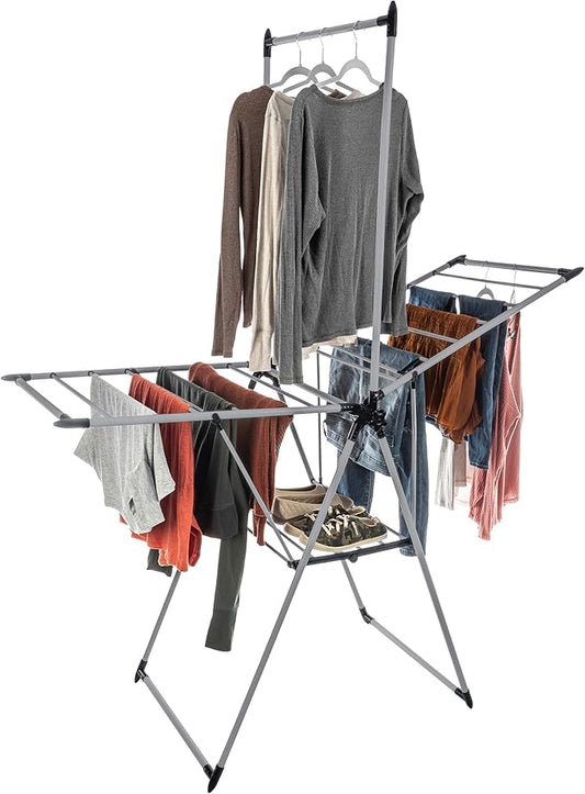 Home-Complete Clothes Drying Rack - 2-Level Laundry Drying Rack with 24 Drying Rails, Hanging Bar, and 2 Height-Adjustable Wings - Indoor/Outdoor Foldable Drying Rack (Platinum)