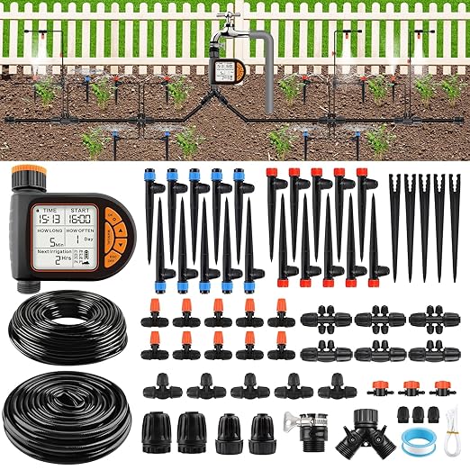 207FT Automatic Drip Irrigation Kit with Water Timer, Kalolary 1/4" 1/2" Adjustable Garden Watering System with 4/7mm 16mm Tubing Micro Drip Automatic Irrigation System for Greenhouse Raised Beds Lawn